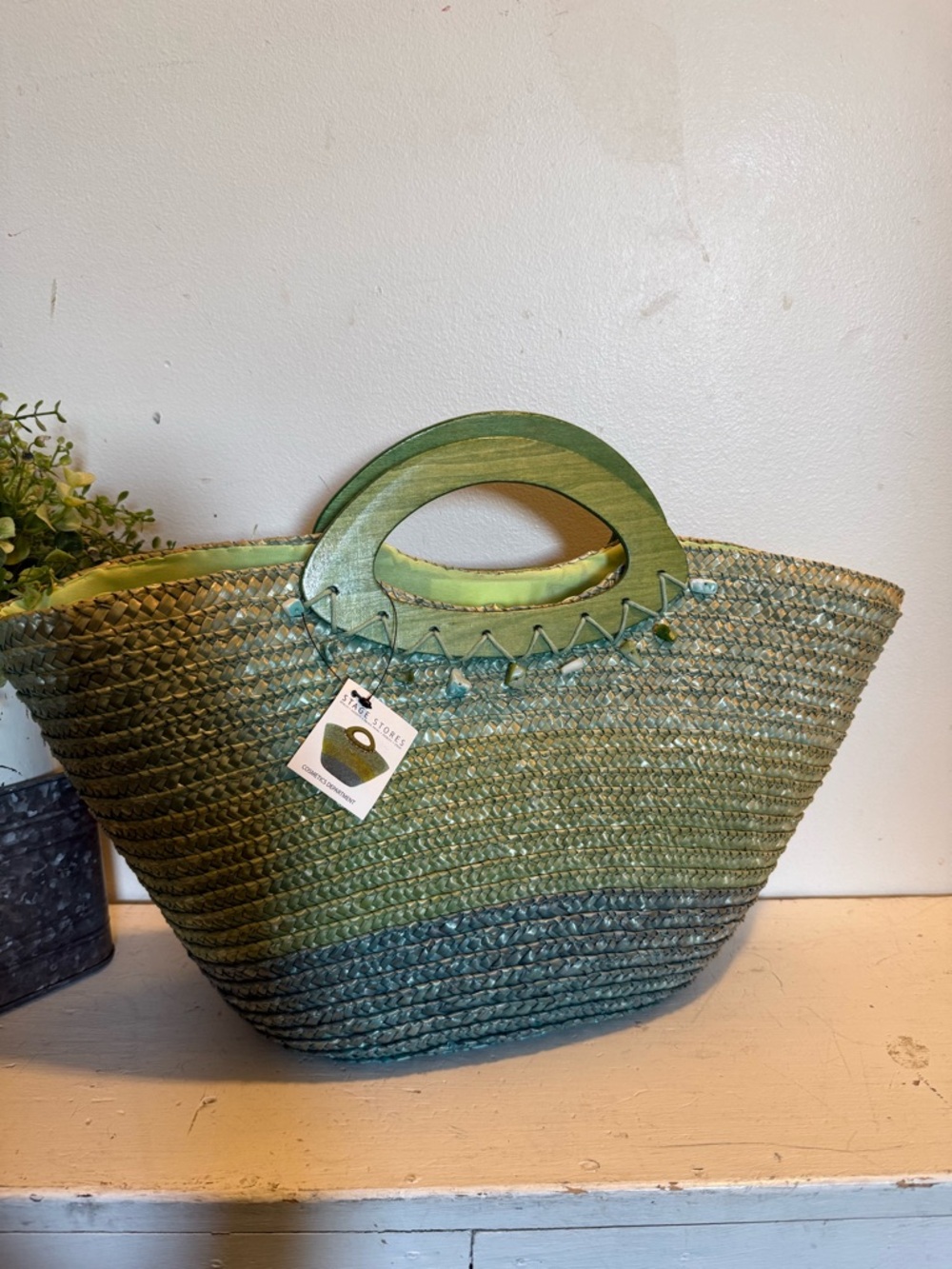 Green Ombre Straw Tote with Wooden Cutout Handles NWT